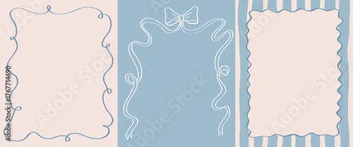 Set of elegance frames with wavy lines, bows, ribbons in coquette core style. Vintage borders for greeting cards, wedding and birthday party, picnic invitations, social media decoration template. 