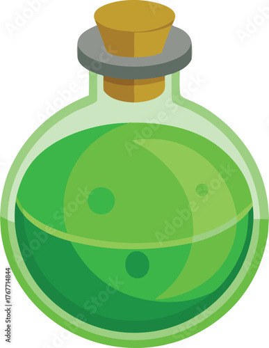 Green potion in a round glass bottle with a cork stopper