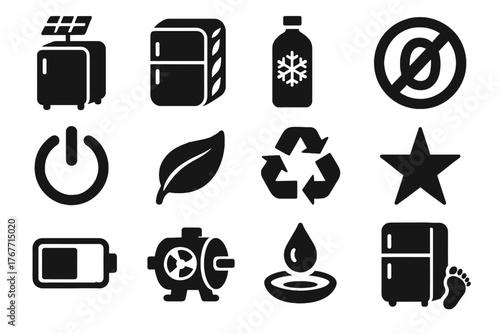Leaf mode fridge coolant biodegradable star battery vector eco icon casing motor