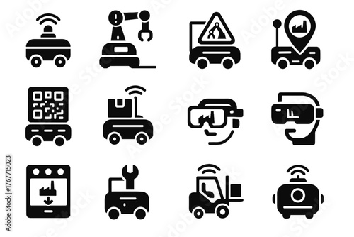 Robot schedule delivery emergency factory ar vector line icon headset bot