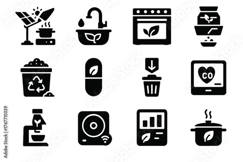 Vector icons induction packaging tracker eco composting protein oven waste footprint cooking