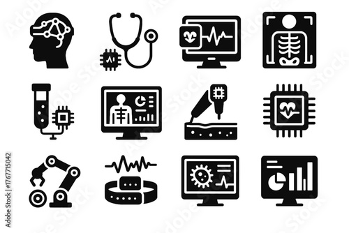 Virtual predictive vector ai icon chip assessment medical algorithm stethoscope heartbeat
