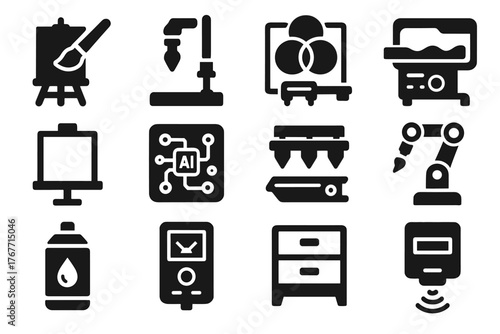 Vector sensor paintbrush canvas icons painting cartridge storage icon automation robotic color