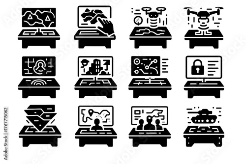 Vector desk military drone holographic immersive interactive station holo planning icon