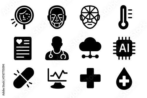 Thermometer outline diagnostic chip medical silhouette connection grid vector ai icon scanning