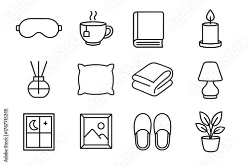 Relaxation tea lamp cup vector icon grid plant pillow slippers candle art