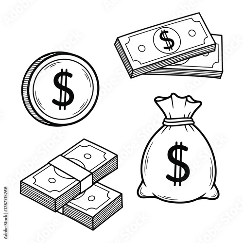 Hand drawn illustration of money coin banknotes and sack for wealth