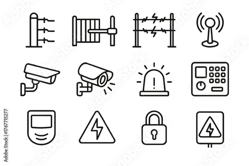 Vector icon perimeter protection camera motion panel gate icons electric fence detector