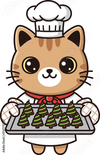 A charming cartoon cat chef presents a tray of festive Christmas tree cookies, embodying the spirit of natal celebrations and holiday baking with a merry atmosphere.