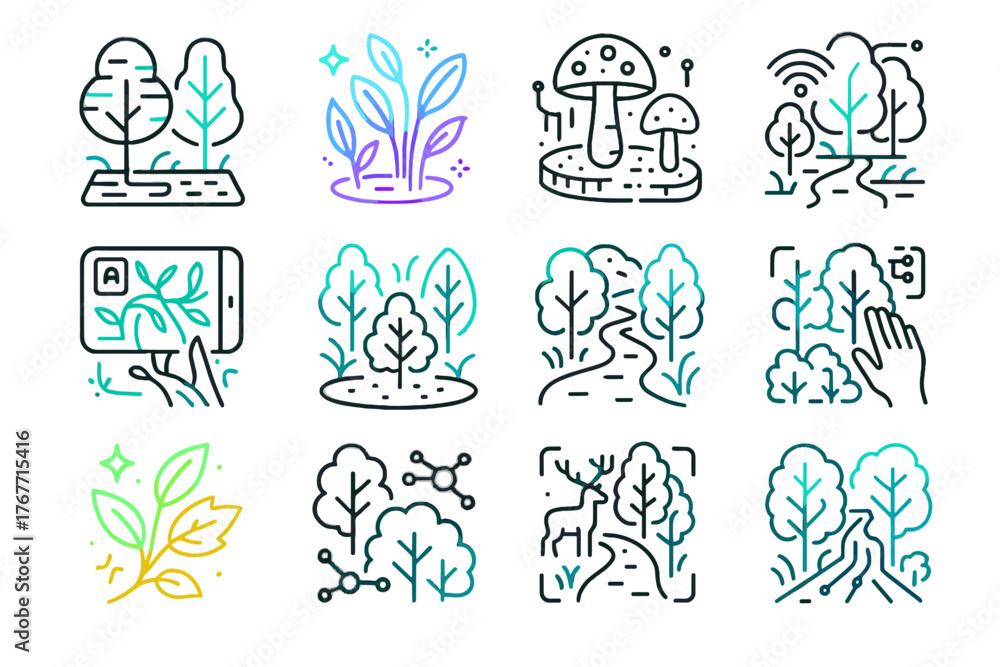 Fototapeta premium Path holographic vector mushrooms shrubs wildlife icons interactive pathway immersive forest icon