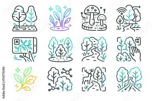 Path holographic vector mushrooms shrubs wildlife icons interactive pathway immersive forest icon
