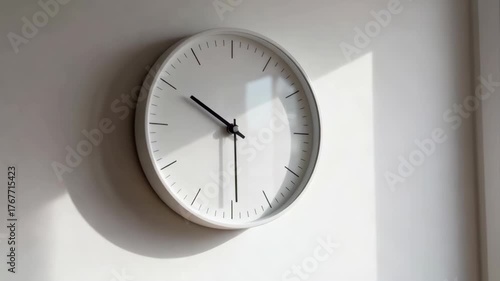 Minimalist White Wall Clock Casting Shadow on a Textured Wall Illuminated by Natural Sunlight