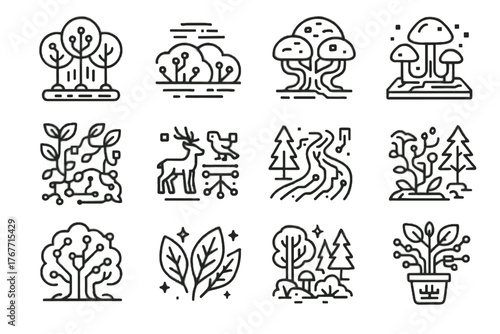 Vector augmented futuristic ar vines icon virtual icons holographic forest digital bushes