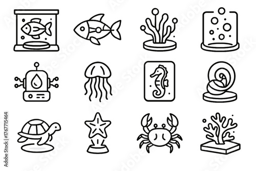 Icon shell jellyfish futuristic animated fish crab turtle bubbles neon aquarium vector