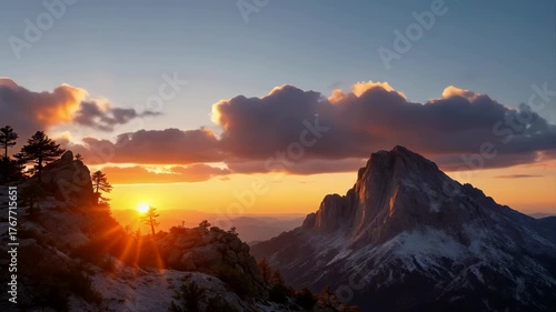 Majestic Mountain Peak Bathed in Golden Sunset Light with Dramatic Clouds and Snow Capped Summits