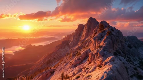 Majestic Mountain Peak Bathed in Golden Sunset Light with Wispy Clouds and Scattered Pine Trees Overlooking a Misty Valley