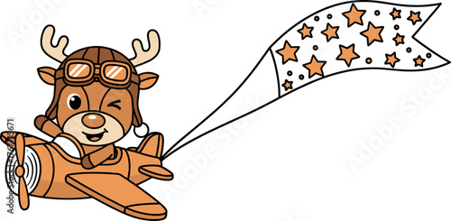 A charming cartoon reindeer wearing aviator goggles and a festive hat flies a vintage airplane, celebrating Christmas with a banner of stars.