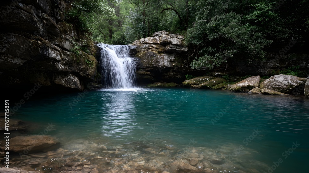 Naklejka premium A serene waterfall cascades into a crystal clear turquoise pool surrounded by lush green forest and mossy rocks