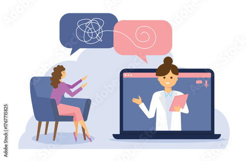 female patient seeking help from psychiatrist for psycho therapy via laptop using internet online technology. Healthcare and medicine concept vector illustration
