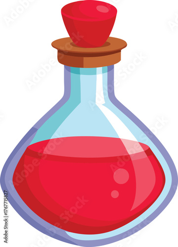 Glass potion bottle filled with red liquid and cork stopper