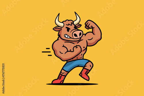 Strong muscular bull cartoon character flexing biceps.