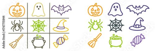 Fun Halloween tic-tac-toe game featuring spooky symbols and colorful designs