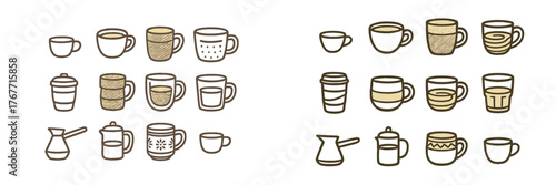 Collection of various coffee mugs and cups in different styles and shapes for beverage enjoyment