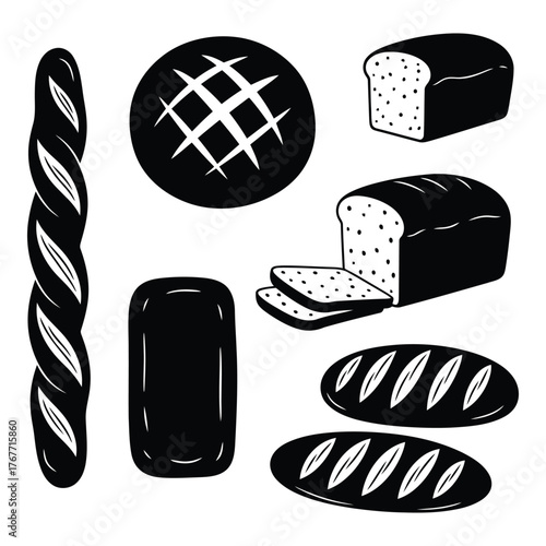Variety of baked bread in black and white illustration style