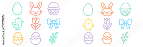 Colorful spring-themed illustrations of Easter symbols with bunnies, eggs, and flowers in pastel shades