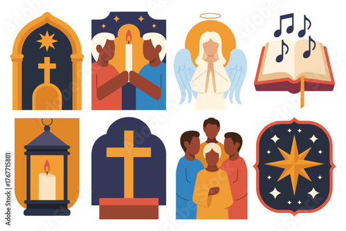 Christmas eve mass flat icon set featuring church interior, candle procession, angel figure, choir with songbook, altar cross, glowing lanterns, star of Bethlehem, and peaceful worshippers