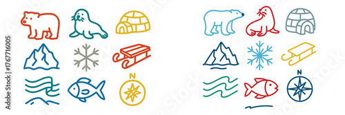 Colorful illustrations of Arctic animals and elements captured in a playful design showcasing winter themes