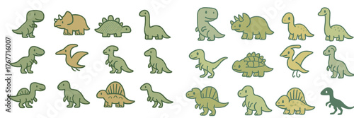 Cute dinosaur illustrations featuring various species in playful poses on a light background
