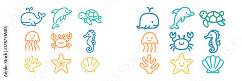 Ocean-themed doodles featuring marine life and sea creatures in colorful designs