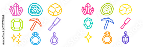 Colorful mineral and gem icons in various styles for use in design, crafts, or educational materials