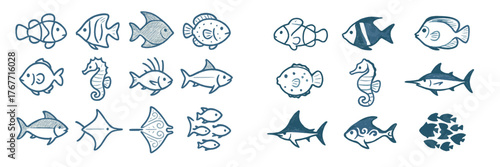 Colorful marine creatures illustrated with simple designs showcasing different fish, seahorses, and other ocean life