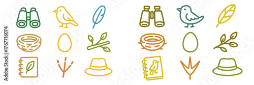 Collection of birdwatching icons and symbols featuring nests, binoculars, and nature elements