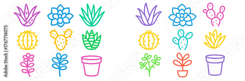 Colorful hand-drawn illustrations of various plants, succulents, and pots arranged in a delightful pattern for decor or design use