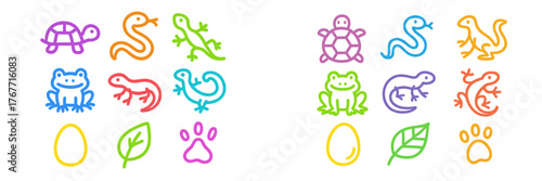 Colorful illustrations of reptiles, amphibians, and animal tracks on a playful background for fun learning activities