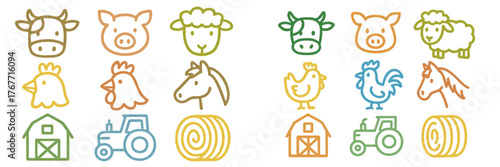 Farm animals and agricultural icons in colorful outline design for children and educational purposes