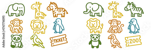 Fun and colorful animal drawings featuring popular zoo animals and ticket designs for children's activities