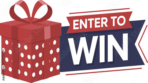 Red gift box with enter to win message gift, box, red, white, dots, ribbon, bow, enter, win, message, contest, prize, giveaway, promotion, event, celebration, festive, holiday, marketing, offer, 