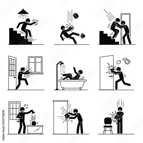 Accidents and safety hazards warning signs at home icon pictogram