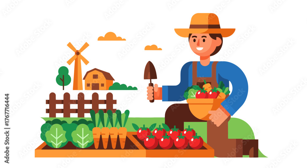 Naklejka premium A Cheerful Farmer Harvests Vegetables From The Garden On A Sunny Day
