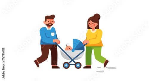 A Family Walks Together, Pushing A Pram, Enjoying Their Family Time Outdoors
