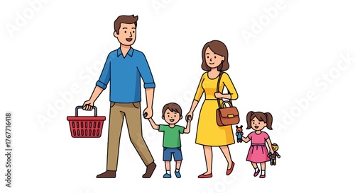 A Cheerful Family Walking Together With Shopping Basket And Holding Hands, Lovely Kids