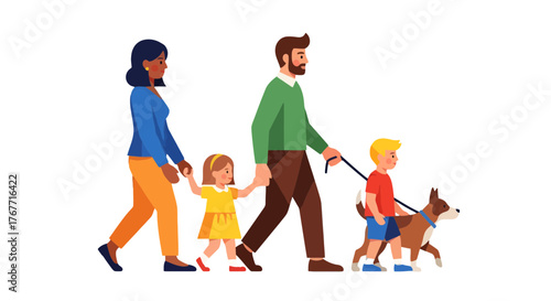 A Family's Outing With Their Children And Dog, Enjoying A Simple Walk Together