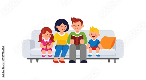 A Family Reads Together on Their Comfortable Sofa During a Cozy Afternoon