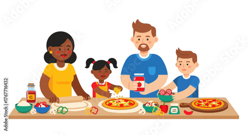 A Cheerful Family Prepares Delicious Pizzas Together In The Cozy Kitchen