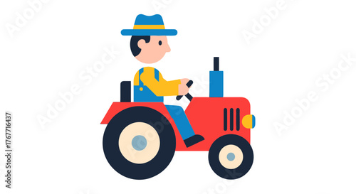 A Farmer Riding a Red Tractor to Work in a Cartoon-Style on a Black Background