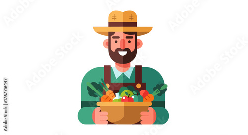 A Cheerful Farmer With Healthy Veggies Harvested, Showing Fresh Farm Product